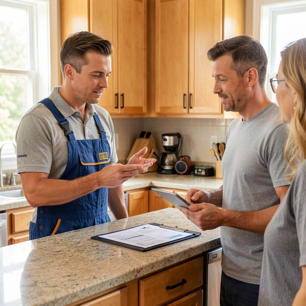 Plumber discussing a repair with homeowner