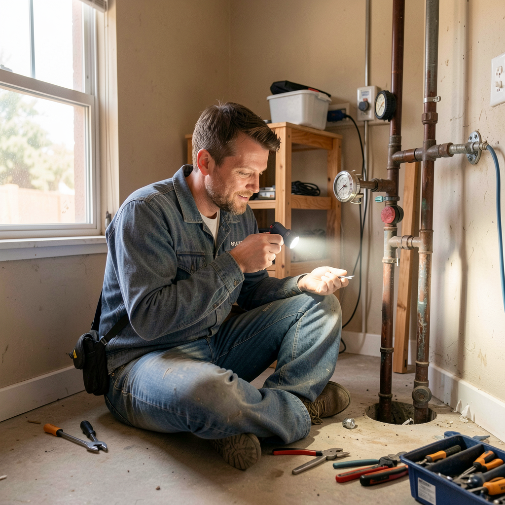 Technician inspecting plumbing at a home