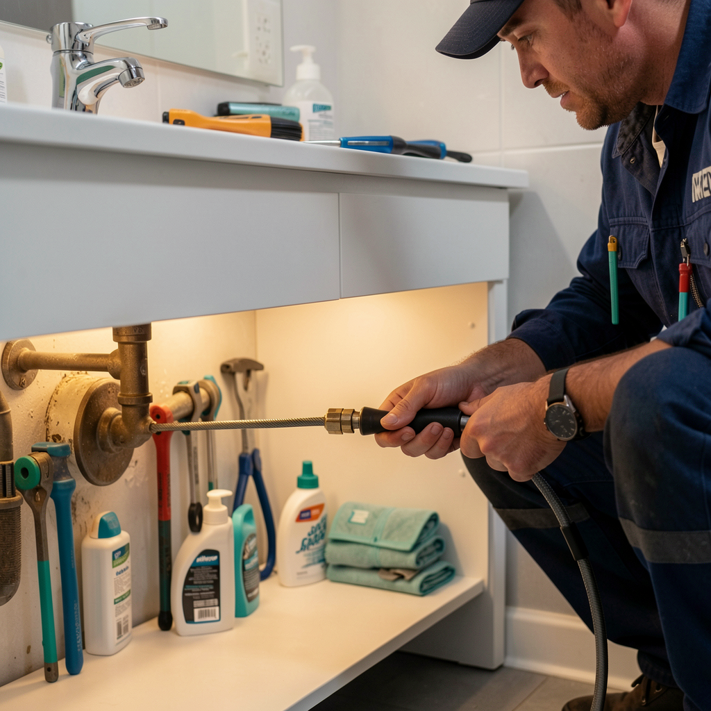 Plumber cleaning a bathroom drain
