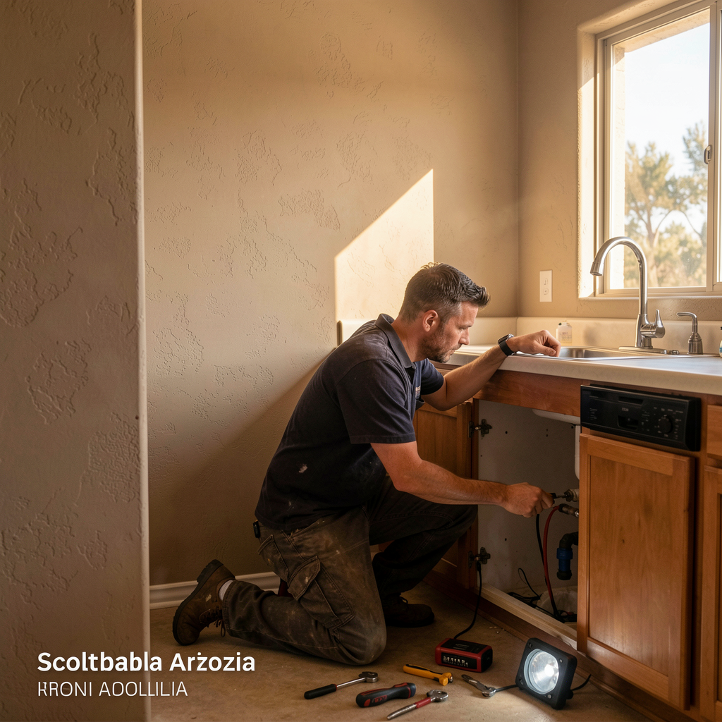Plumber working under a kitchen sink