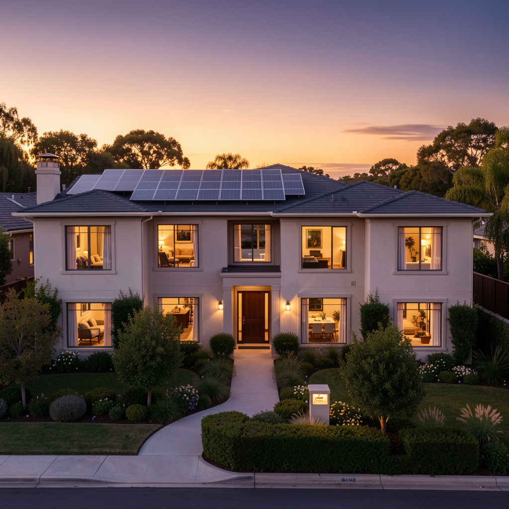 Solar-equipped home at sunset