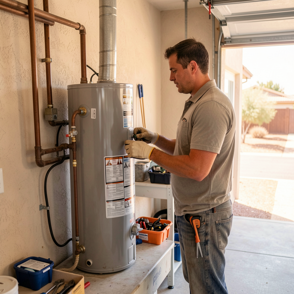 Plumber working on a water heater