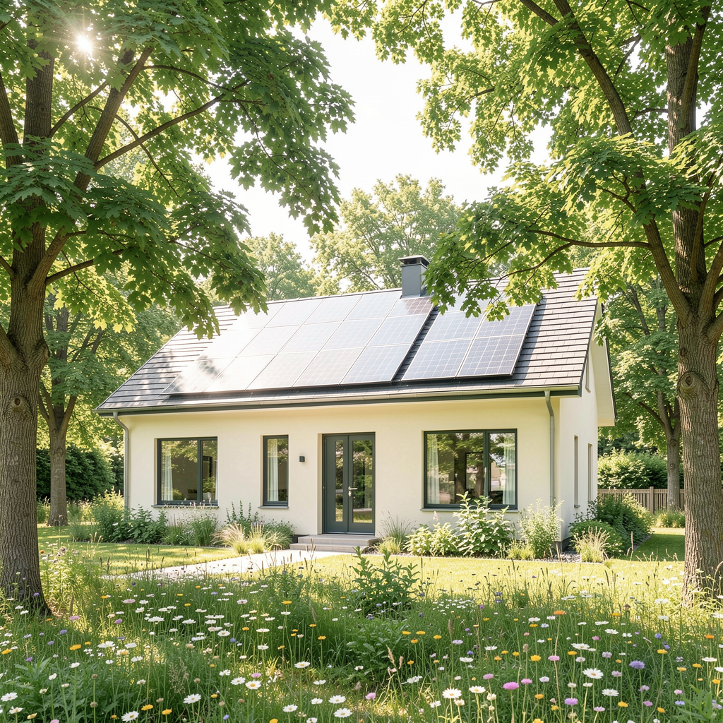 Solar-powered home framed by green trees
