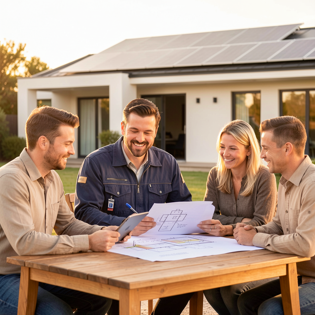 Solar installer reviewing plans with homeowners