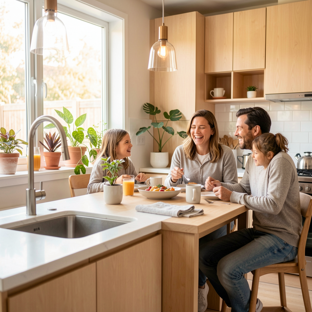 Family enjoying their bright kitchen