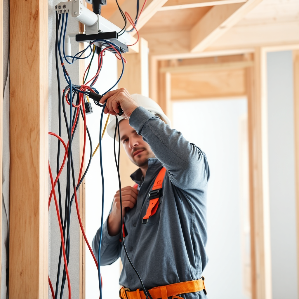 A bright, photorealistic image of an electrician installing wiring in a new home construction. The composition should showcase the organized and efficient wiring process. The lighting is bright and even, highlighting the different colors and textures of the wires and construction materials. Color palette is vibrant and modern, reflecting the new construction environment. Style reference: architectural photography, emphasizing the clean lines and modern design.