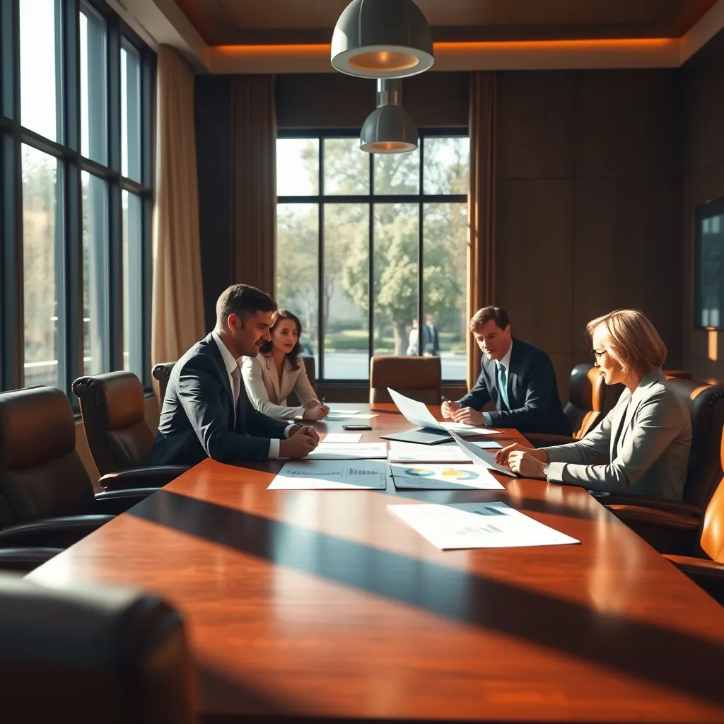 A cinematic image of a conference room, with a large, mahogany table and comfortable leather chairs.  A team of accountants, dressed in professional attire, are engaged in a discussion, reviewing documents and graphs. The room is filled with natural light streaming through large windows, casting warm, golden hues across the scene. The ambiance should exude professionalism, trust, and expertise. The focus should be on the team members' engaged faces and their collaborative gestures, suggesting a comprehensive approach to tax planning. Render the scene in 8K resolution, with a shallow depth of field, emphasizing the facial expressions of the accountants and creating a sense of intimacy and trust. Incorporate soft, ambient lighting that enhances the warmth and sophistication of the room.