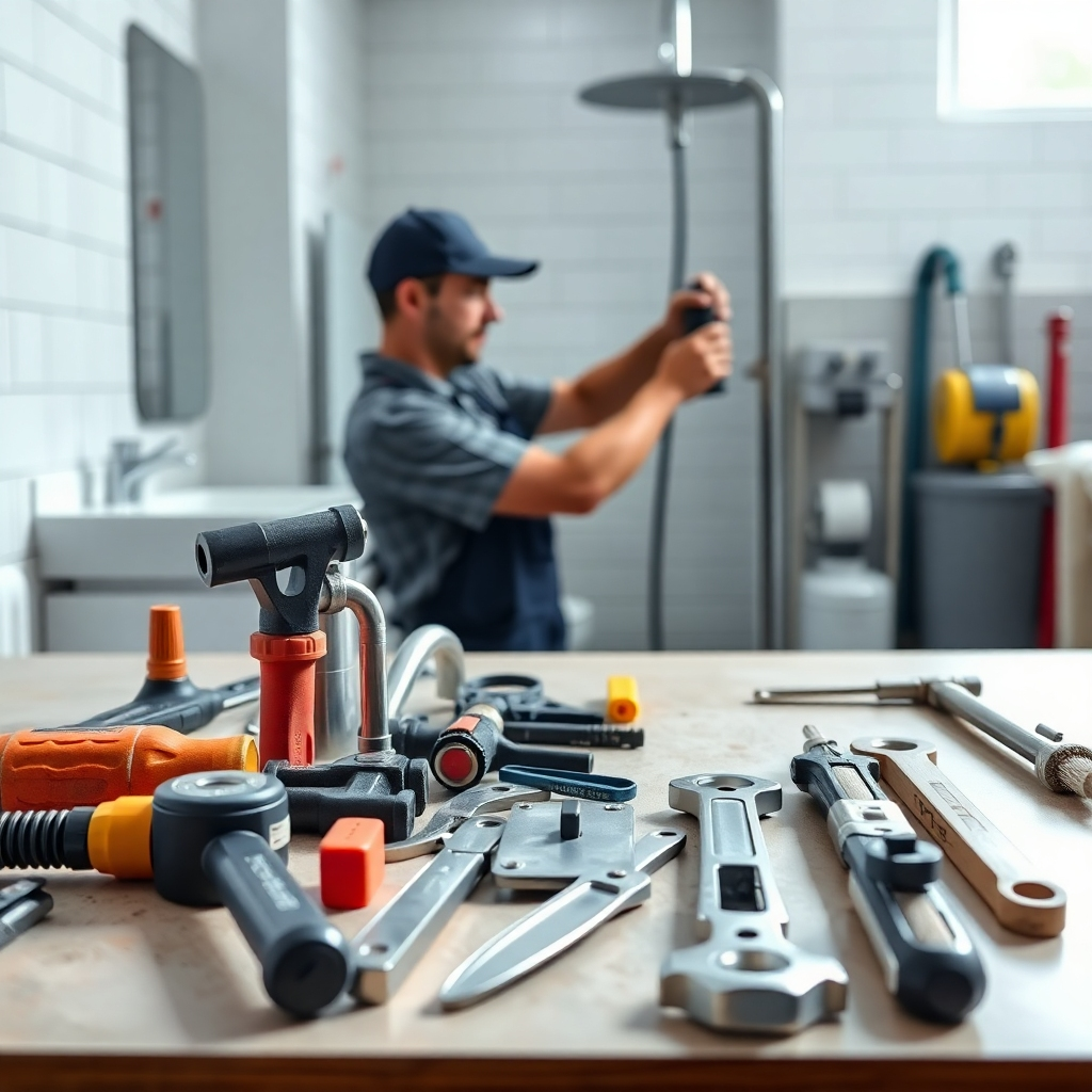 A clean, well-lit image showcasing various plumbing tools neatly arranged on a workbench. In the background, a plumber is shown working on a modern bathroom fixture, highlighting professional expertise and a wide array of services. The image should be bright and inviting.