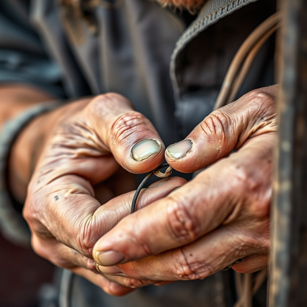 A close-up, photorealistic image of an electrician's hands carefully working on intricate wiring. The electrician's hands are weathered but steady, conveying expertise and experience. The lighting is focused on the hands and the wiring, highlighting the delicate nature of the work. Color palette is muted and earthy, emphasizing the authenticity and craftsmanship. Style reference: photographs of skilled artisans, emphasizing the dedication and precision of their work.