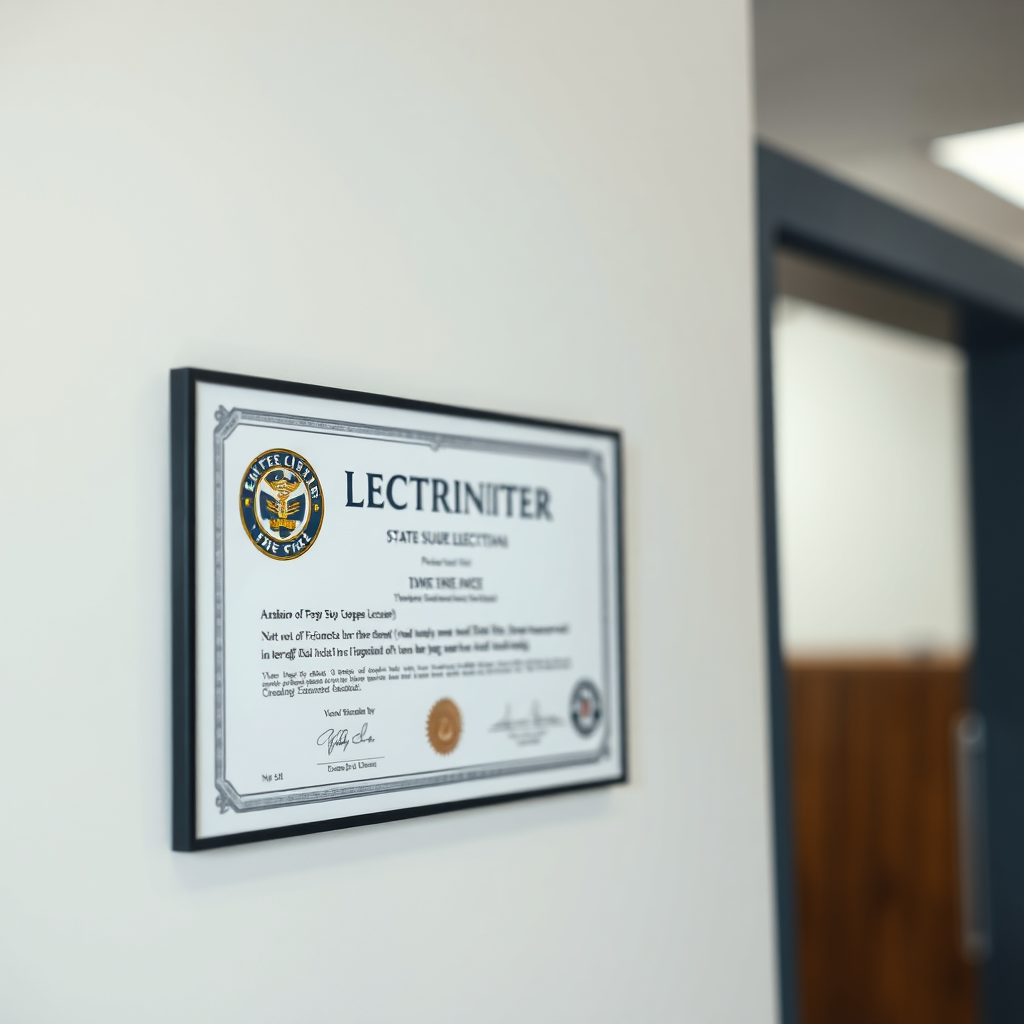 A close-up, photorealistic image of a state-issued electrician license prominently displayed on an office wall. The composition is clean and professional, emphasizing the official nature of the document. The focus is sharp on the license details, conveying a sense of legitimacy and trustworthiness. The lighting is soft and even, highlighting the texture of the paper and the official seals. Color palette is muted and professional, with blues, grays, and golds. Style reference: Clean and authoritative.