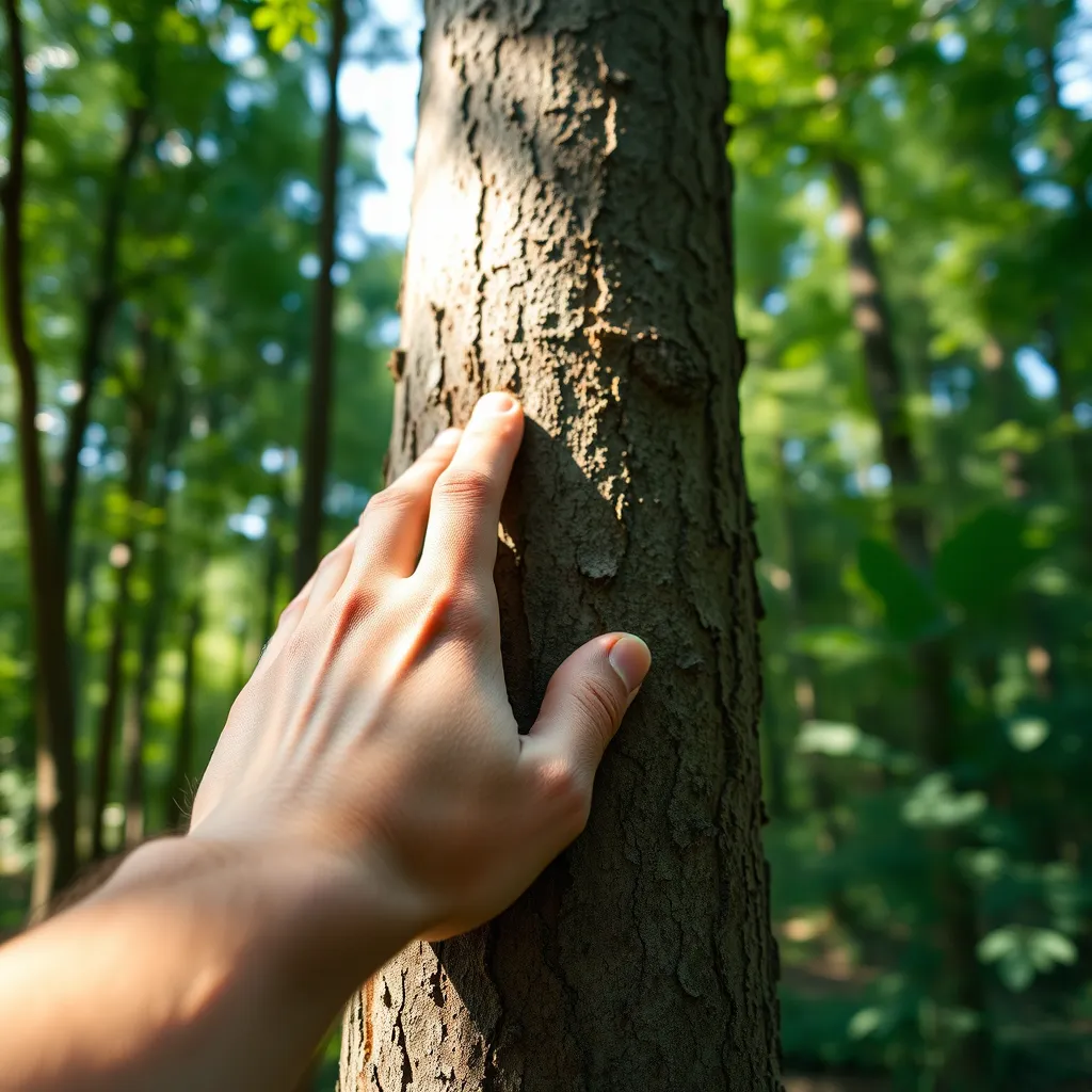 A close-up shot of a hand gently touching the bark of a tree, with the background showing a lush forest with dappled sunlight and a focus on natural textures and colors.