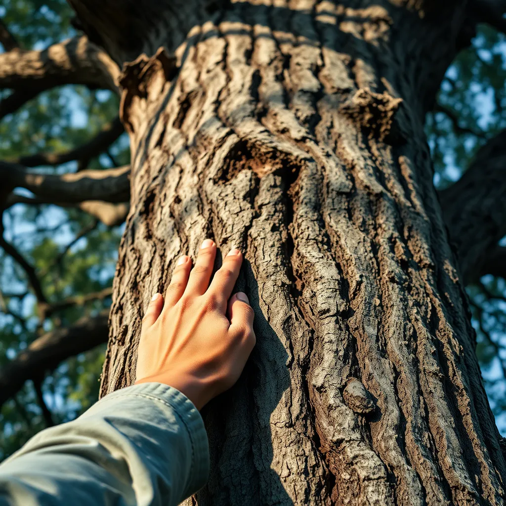 A close-up shot of a person's hand gently touching the bark of a towering oak tree.  The tree is old and majestic, with a rough, textured bark. The person's expression is one of awe and appreciation. The image should convey a sense of wonder and respect for the natural world.