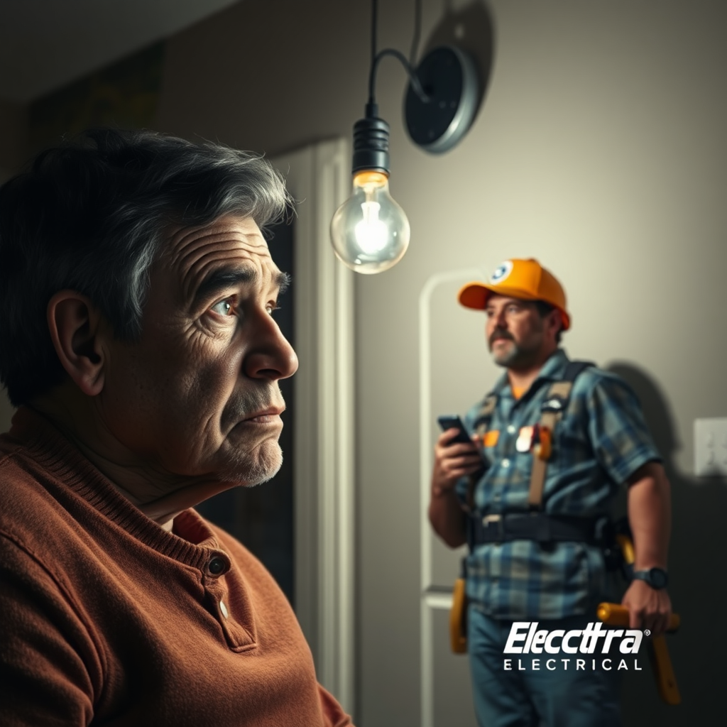 A concerned homeowner looking at a flickering lightbulb in a dimly lit room. An Electra Electrical electrician arrives to save the day with his tools in tow. The image captures the problem and the resolution. Style reference: blend of everyday realism with a hint of hope and relief. Focus on a high contrast between dark and light.