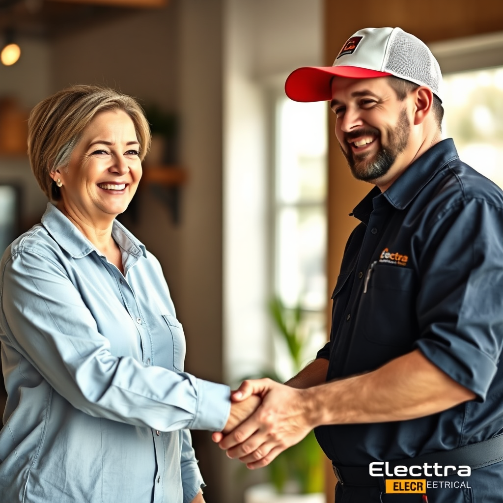 A customer smiling and shaking hands with an Electra Electrical electrician. The scene is friendly and professional, conveying a sense of trust and satisfaction. The composition should be balanced, showing both the customer and the electrician in a positive light. Color palette is warm and inviting, emphasizing the positive interaction. Style reference: customer service testimonials, emphasizing the positive outcome and customer satisfaction.