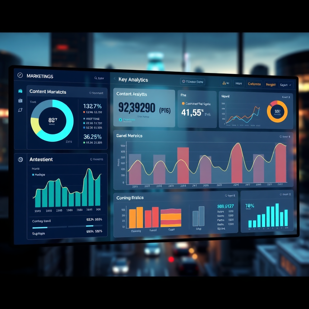 A digital dashboard displaying key marketing metrics and analytics data. Charts and graphs illustrate content performance. The background shows a futuristic cityscape. Focus on data analysis, strategy, and optimization.