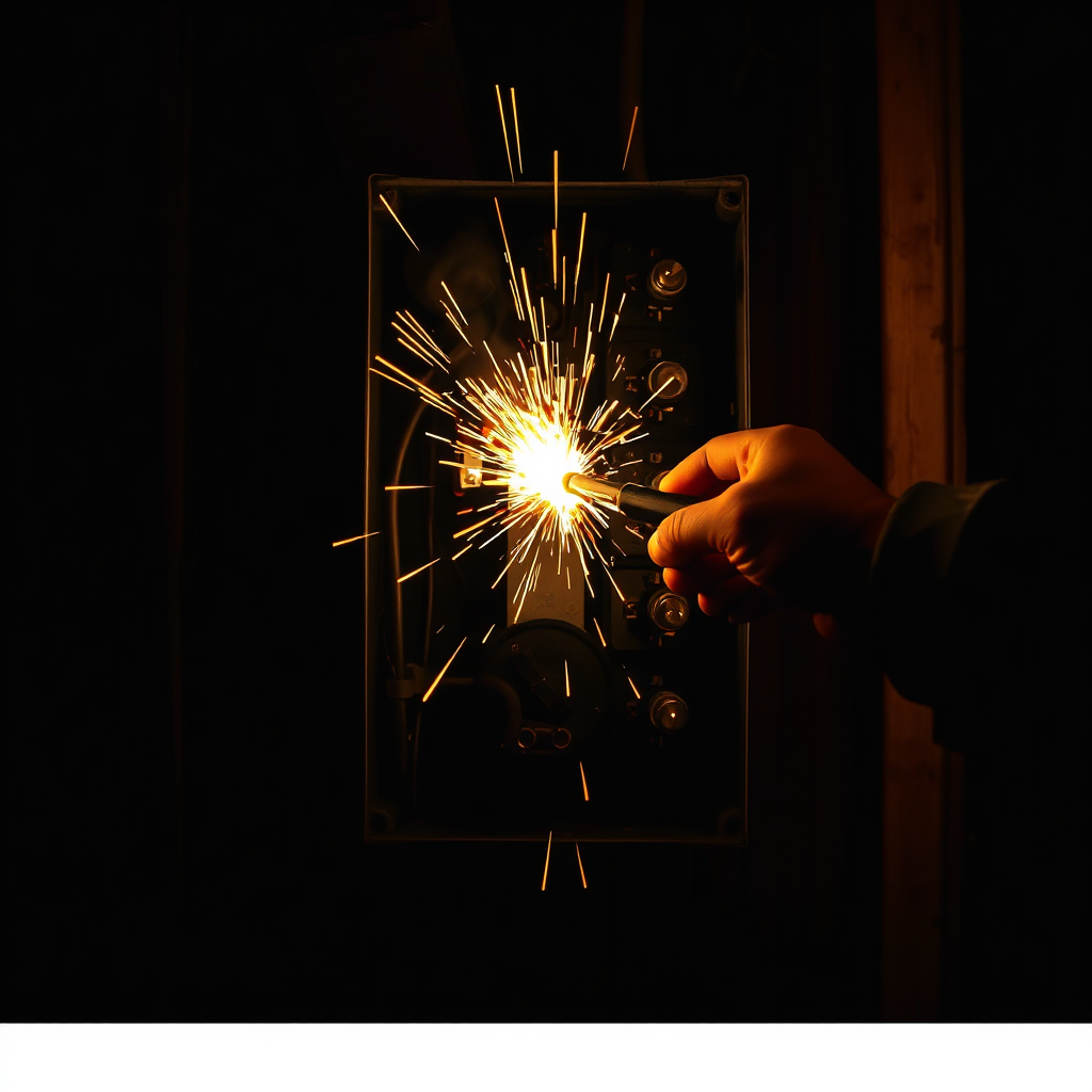 A dramatic, slightly stylized image showing an electrical panel sparking in a dimly lit room. The composition focuses on the intensity of the spark and the potential danger. A hand reaches in with a tool, suggesting a swift intervention. Color palette is dark and ominous with sharp contrasts of bright yellow and red sparks against the dark background. Style reference: a blend of realism and dramatic lighting, similar to a scene from a thriller movie.