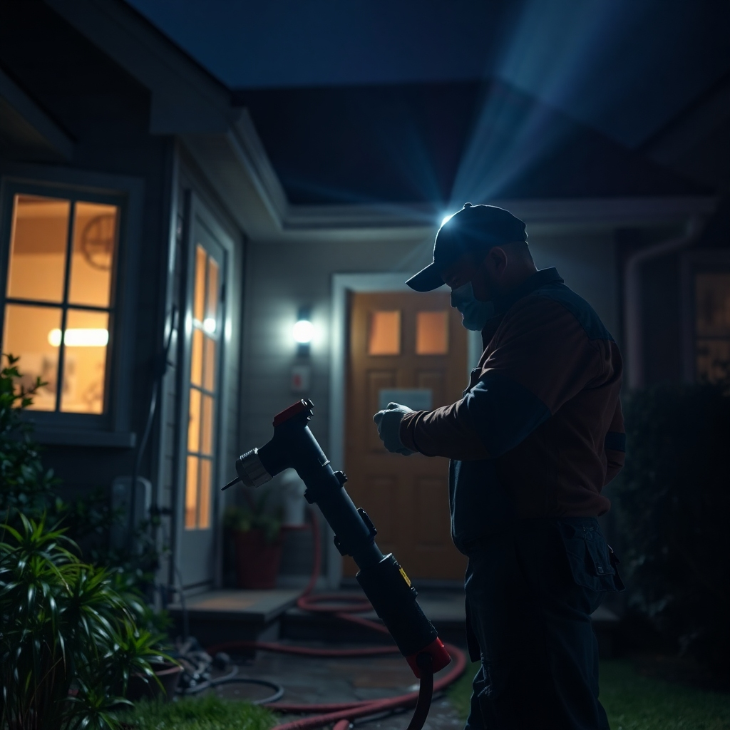 A dramatic yet professional photorealistic image depicting a plumber responding to an emergency plumbing situation at night.  The scene should include a brightly lit home with water damage visible, and the plumber working diligently with professional tools under a spotlight. Emphasize urgency and professionalism.