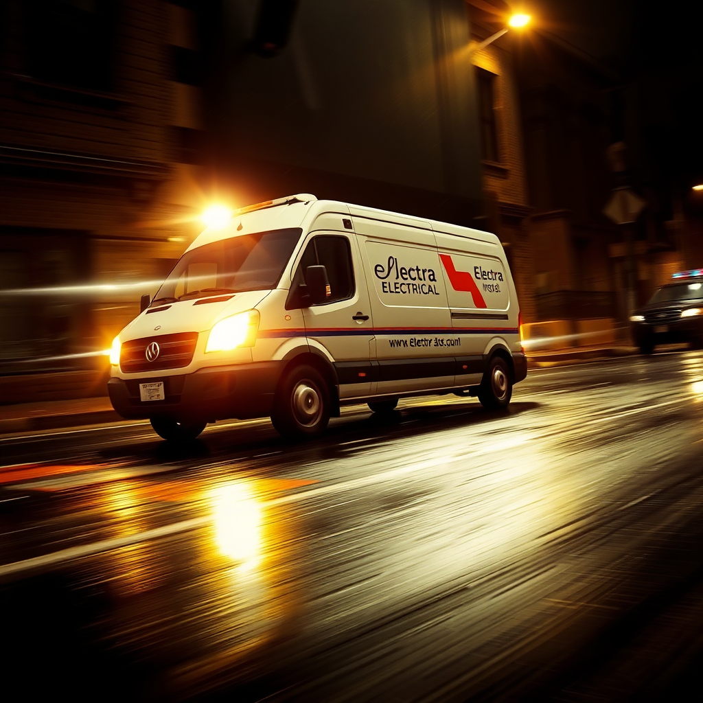 A dynamic, slightly stylized image of an Electra Electrical van speeding down a rain-slicked street at night. The van's headlights are shining brightly, cutting through the darkness. The image should convey a sense of urgency and responsiveness. The composition should emphasize the speed and motion of the van. Color palette is dark and dramatic, with bright highlights from the headlights and streetlights. Style reference: action movie posters, emphasizing the speed and urgency.