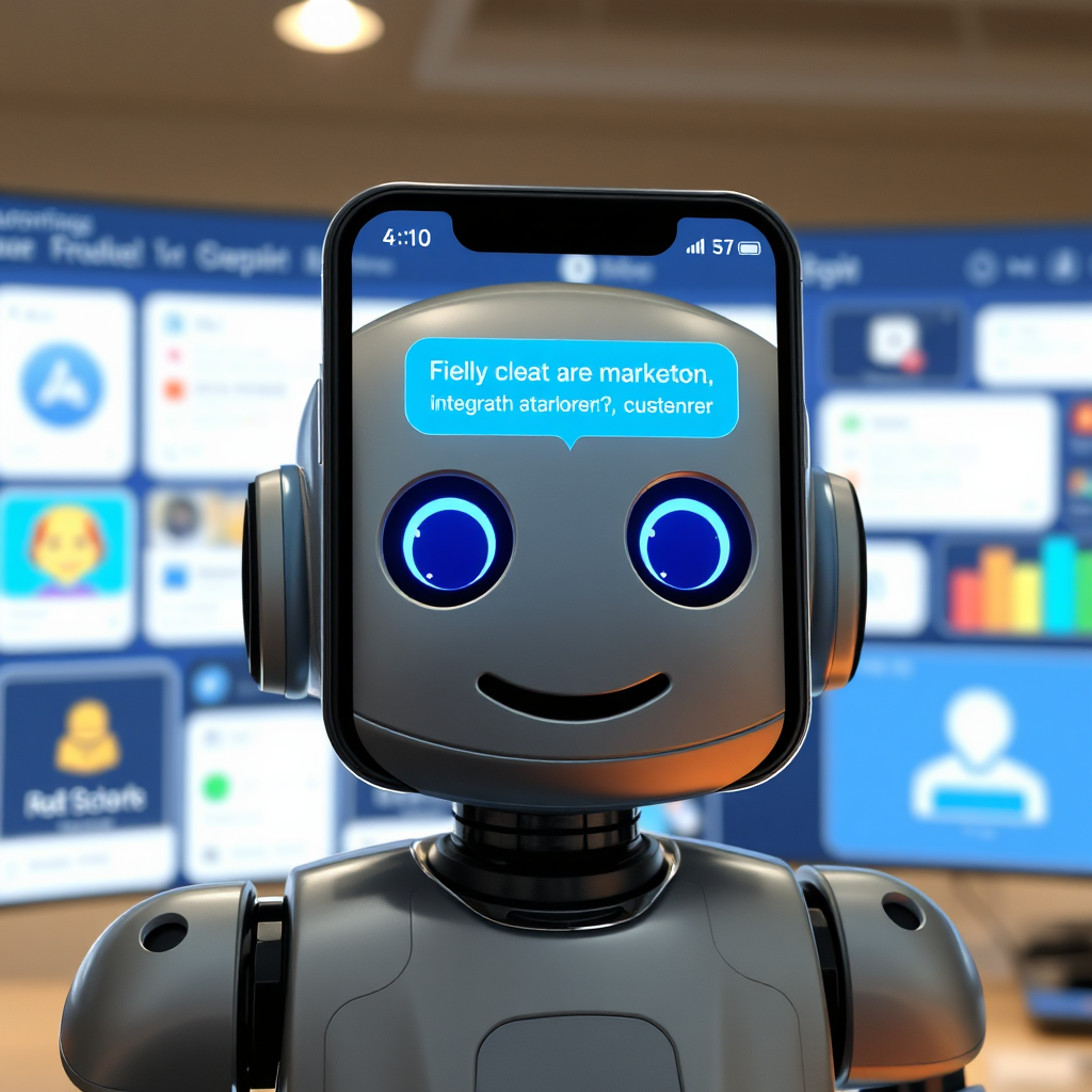 A friendly chatbot interface interacting with a customer. The background shows a seamless integration of marketing tools and platforms. Focus on automation, personalization, and efficiency.
