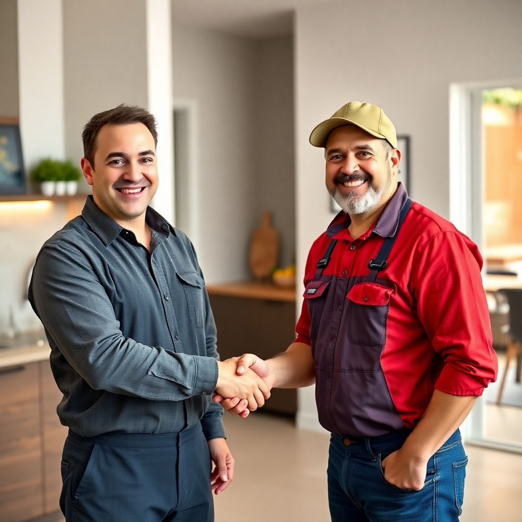 A friendly plumber is shaking hands with a satisfied customer in a modern Randburg home.  The background subtly shows the completed plumbing work (perhaps a new faucet).  The scene should convey trust, reliability, and a positive customer experience