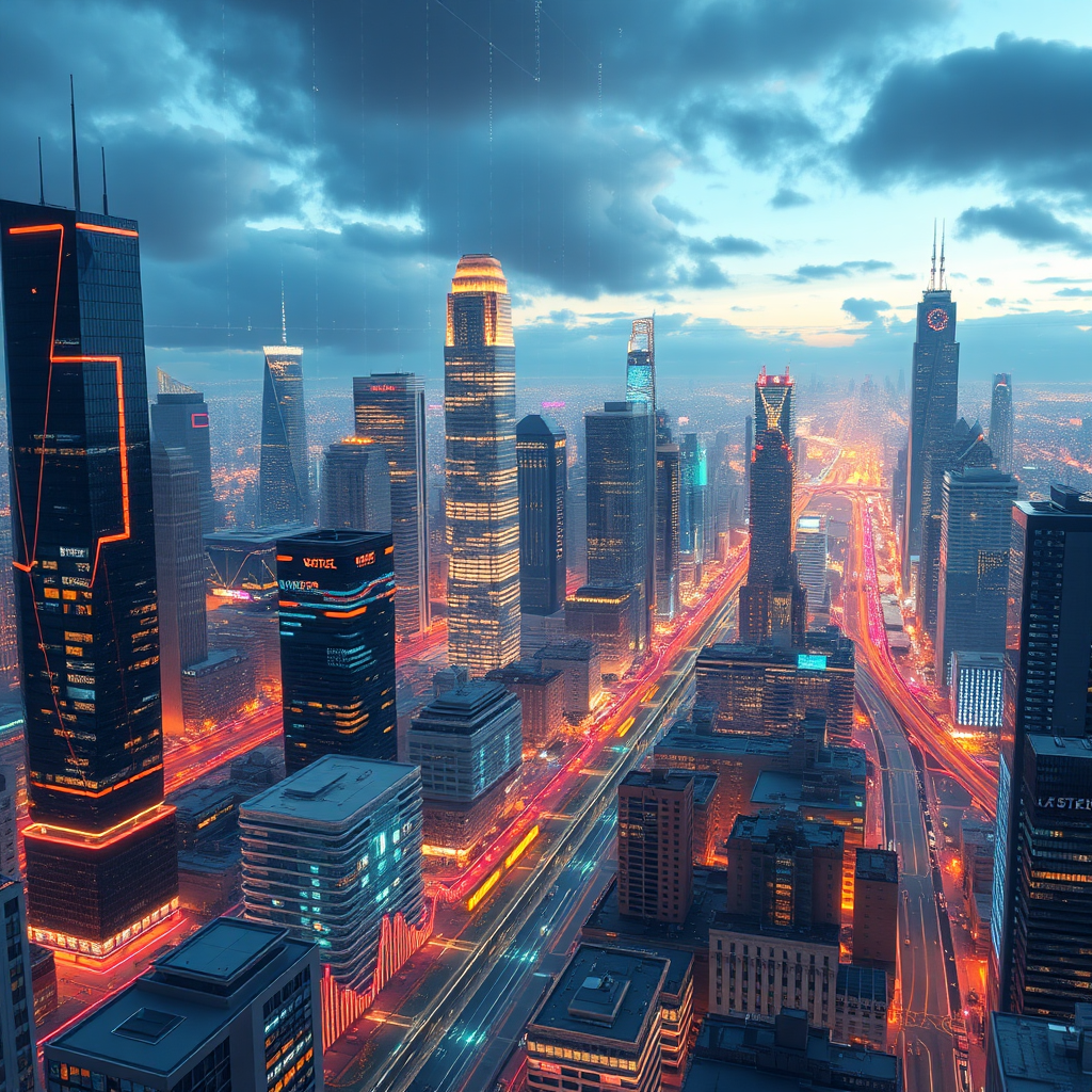 A futuristic cityscape with glowing data streams representing predictive analytics. Charts and graphs display marketing trends. Focus on forecasting, analysis, and ROI.