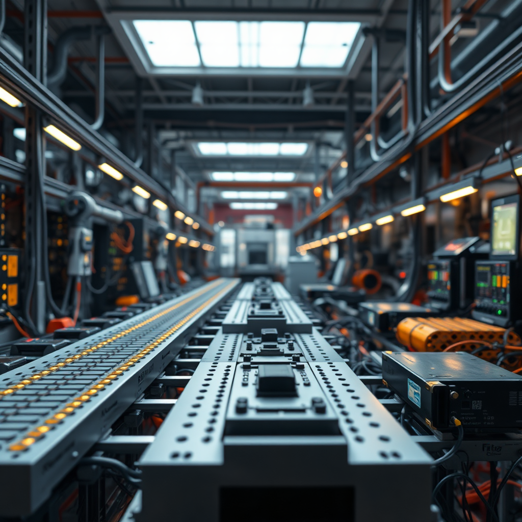 A futuristic factory producing high-quality content on a large scale. The background shows a network of interconnected devices. Focus on scalability, efficiency, and quality.