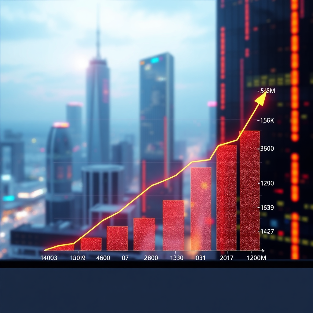 A graph showing significant marketing ROI gains. The background shows a futuristic cityscape with glowing data streams. Focus on results, optimization, and profitability.
