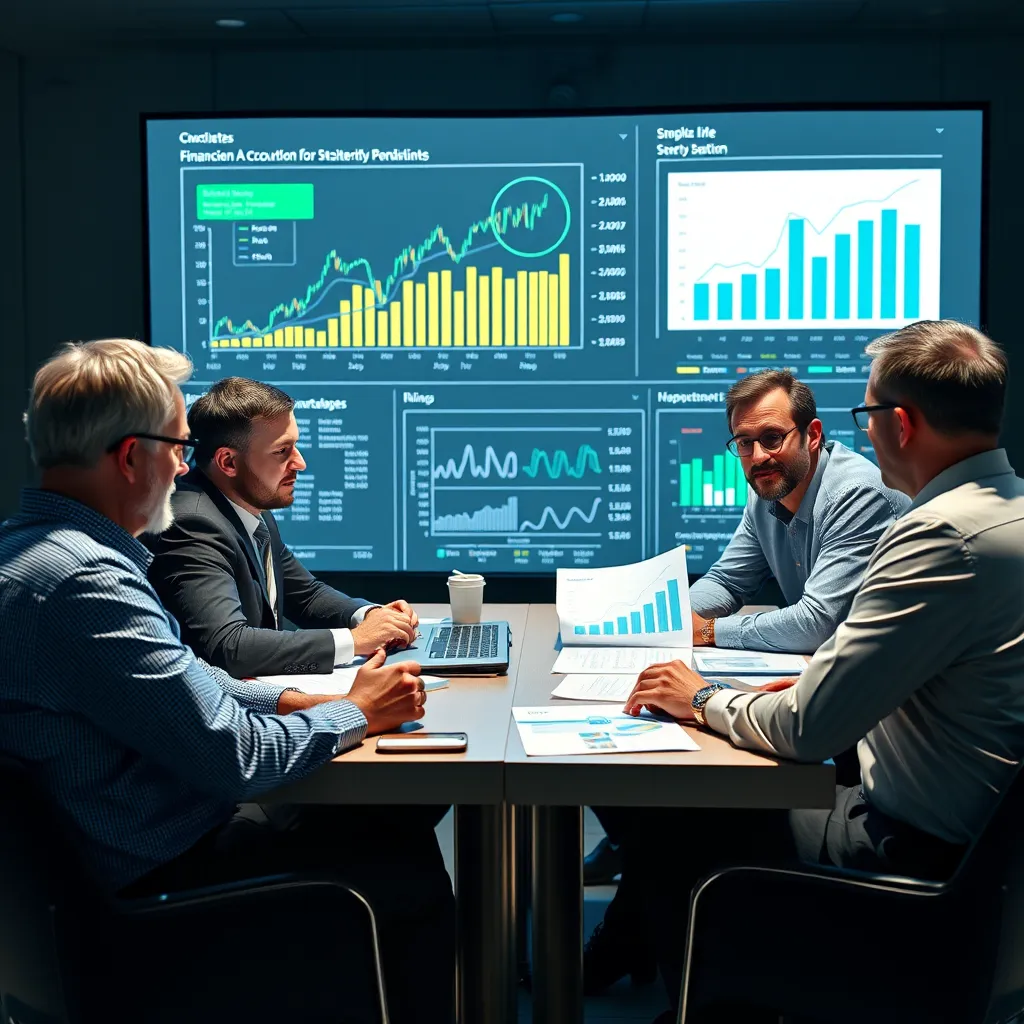 A group of business leaders gathered around a table, discussing financial reports and data visualizations on a large screen. They are engaged in a serious but hopeful discussion, illustrating the use of accounting for strategic decision-making.