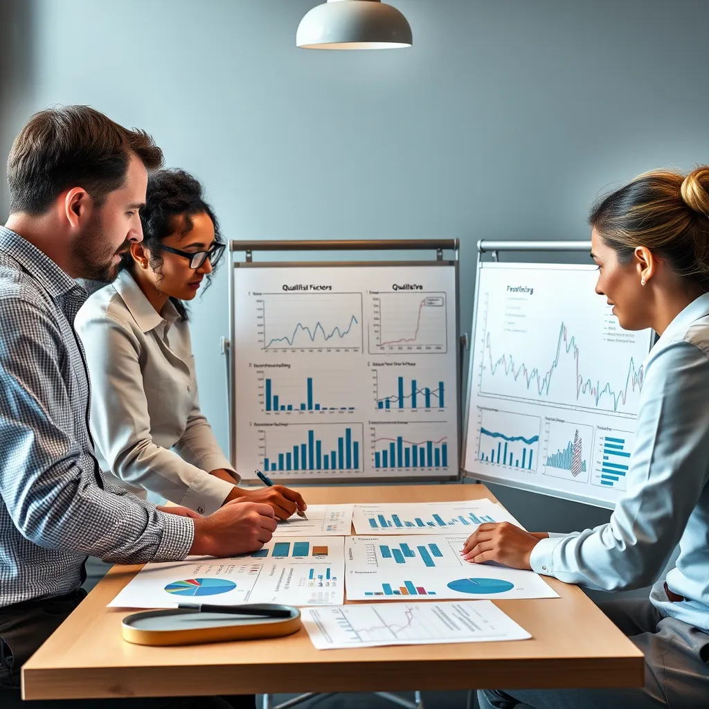 A group of business professionals, diverse in their backgrounds, gather around a table with a whiteboard covered in charts and graphs. They are engaged in a lively discussion, analyzing the financial performance of a company, with one person highlighting qualitative factors like market trends and strategic decisions. The image should convey a collaborative and informed approach to financial analysis.
