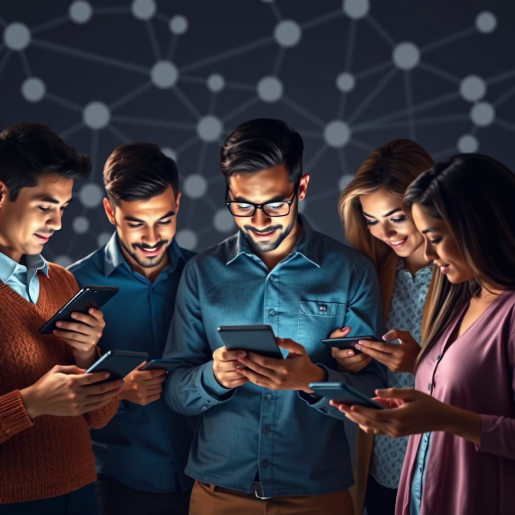 A group of diverse customers interacting with personalized content on various devices. The background shows a network of interconnected devices. Focus on relevance, engagement, and customer satisfaction.