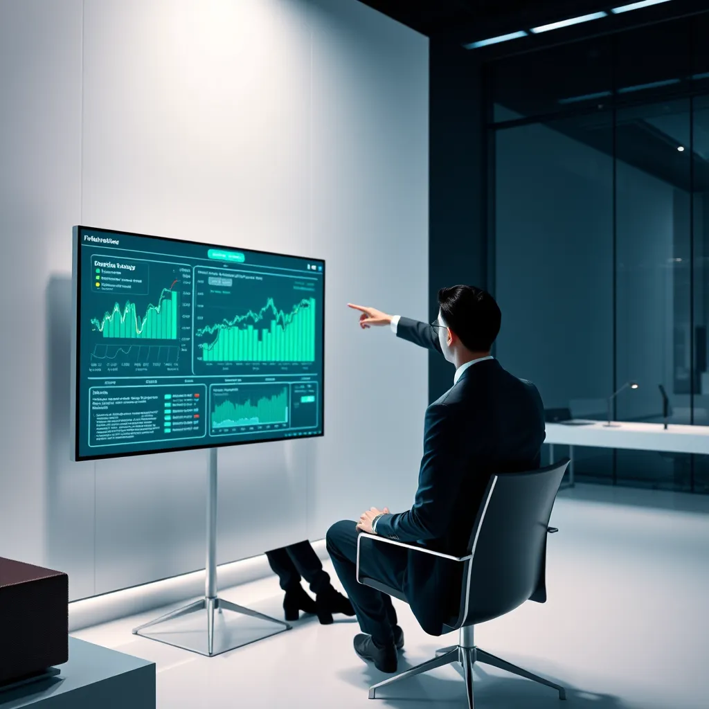 A modern, minimalist image of a businessperson sitting in a sleek, high-tech office, facing a large digital screen displaying complex financial data and charts. The businessperson, dressed in a sharp suit, is engaged in a conversation with a professional financial advisor, who is standing nearby and pointing to a specific section on the screen. The scene should have a calm and confident atmosphere, with clean lines and minimalist design elements. The lighting should be soft and diffused, creating a sense of focus and clarity. Render the scene in hyperrealistic detail, emphasizing the sleekness of the technology and the sharp lines of the office environment. Use a high-contrast color palette with cool blues and vibrant greens, reflecting the modern and sophisticated nature of the financial advisory service.