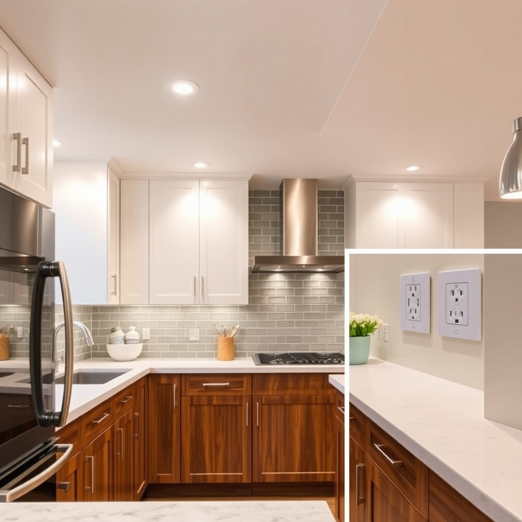 A modern kitchen showcasing newly installed recessed lighting and stylish electrical outlets. The scene is bright and inviting, emphasizing the upgraded aesthetics and functionality. The composition should highlight the seamless integration of the new electrical components. Color palette is warm and inviting, reflecting the modern design of the kitchen. Style reference: interior design photography, showcasing the beauty and functionality of modern electrical upgrades.