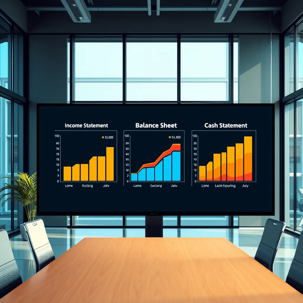 A modern office interior with a large screen displaying three interconnected charts, labeled 'Income Statement,' 'Balance Sheet,' and 'Cash Flow Statement.' Each chart is visually appealing, using different colors to represent key metrics. The scene is bright and professional, suggesting a financial analysis taking place.