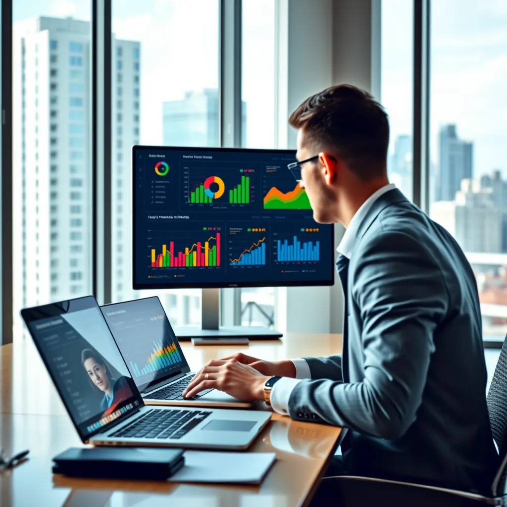 A modern office setting with a businessperson looking at a laptop screen displaying a colorful financial dashboard with charts, graphs, and key performance indicators. The room has a large window with a city view, showcasing a vibrant and successful business environment.