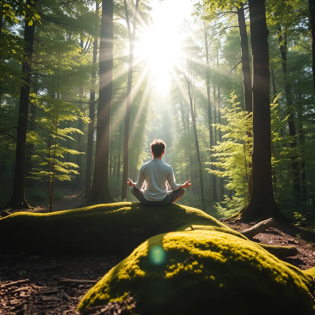 A person sitting on a mossy log in a forest clearing, radiating a sense of peace and tranquility. The person is surrounded by sunlight filtering through the trees, creating a warm and inviting ambiance. The forest is lush and vibrant, with a gentle breeze rustling the leaves, creating a calming and meditative atmosphere. The image should convey the soothing and stress-reducing effects of shinrin-yoku.