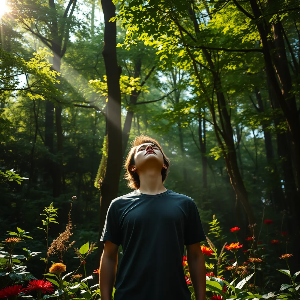 A person standing in a lush forest, eyes closed, deeply inhaling the fresh air, with sunlight dappling through the leaves and creating a warm glow on the forest floor. The person is surrounded by various green foliage and vibrant flowers, showcasing the diverse flora of the forest. The image should convey a sense of calm and tranquility, emphasizing the sensory immersion of shinrin-yoku.