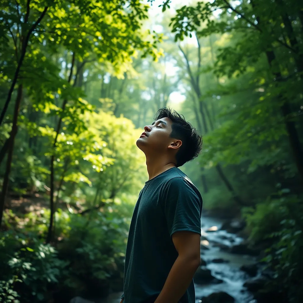 A person standing in a lush forest with vibrant green trees, dappled sunlight filtering through the canopy, and a stream flowing nearby. The person is holding a hand up to the sky, as if catching a raindrop, and their eyes are closed, breathing deeply.  Focus on capturing the feeling of tranquility and the interconnectedness with nature.