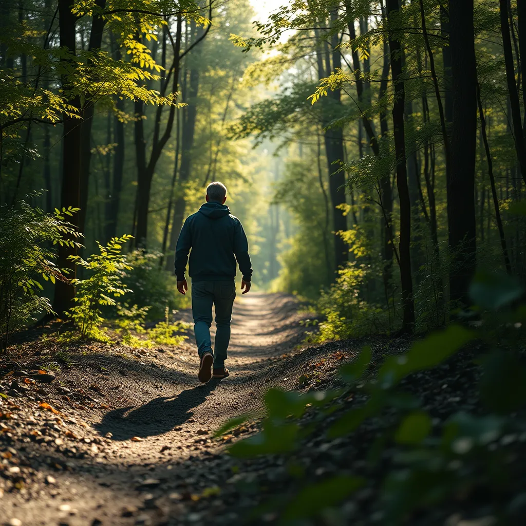 A person walking slowly on a forest path, sunlight filtering through the trees, focusing on the natural details around them - leaves, rocks, sunlight, shadows. The image should have a peaceful, calming atmosphere.