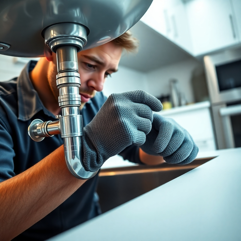 A photorealistic, 8K resolution image depicting a plumber expertly repairing a burst pipe under a sink in a modern kitchen. Soft, diffused lighting illuminates the scene, emphasizing the plumber's focused expression and the precision of their work. The color palette should be clean and bright, with cool tones dominating. The camera angle is slightly elevated, showcasing the plumber's hands and tools in detail.  The materials should be highly textured—shiny chrome pipes, worn but clean work gloves, and the smooth surface of the sink. The background includes neatly organized kitchen cabinets and a subtly visible stainless steel appliance.  The overall mood is one of professionalism and efficiency.  The style should emulate the work of a professional product photographer, focusing on sharp details and clarity. The image should appear as if taken with a high-end DSLR camera using a shallow depth of field, blurring the background subtly to enhance the focus on the repair work.  The image needs to convey a sense of urgency and competence. Include realistic water droplets on the countertop near the pipe.