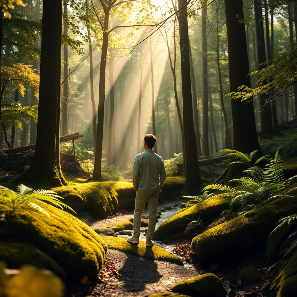 A photorealistic, ultra-high-quality 8K image depicting a serene forest scene. The composition features a lone individual, dressed in comfortable clothing, standing on a moss-covered forest path. Sunlight filters through the canopy, casting dappled light and creating a sense of tranquility. The color palette is warm and earthy, with hues of green, brown, and golden yellow. The image evokes a sense of peace, mindfulness, and connection to nature. The camera angle is slightly elevated, capturing the individual from a perspective that emphasizes the beauty of the forest surroundings. The image should have a soft, ethereal quality, with textures and materials that convey a sense of natural authenticity. Include subtle details like fallen leaves, bright green ferns, and a gentle stream flowing through the forest. Style references: 'The Art of Mindfulness' by Jon Kabat-Zinn, 'Forest Bathing' by Qing Li. , ultra high resolution, photorealistic, 8K, hyperdetailed, cinematic lighting