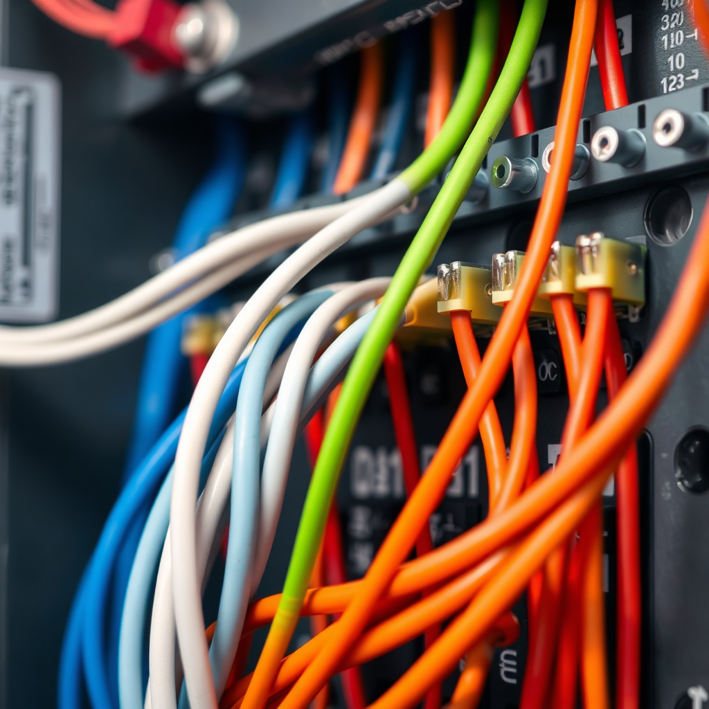 A photorealistic, close-up shot of meticulously arranged and color-coded electrical wires inside a modern electrical panel. The composition should emphasize the organization and precision of the wiring. The lighting is bright and even, highlighting the different colors and textures of the wires. Color palette is vibrant, showcasing the distinct colors of the wiring insulation. Style reference: macro photography of circuit boards, emphasizing the complexity and artistry of electrical work.