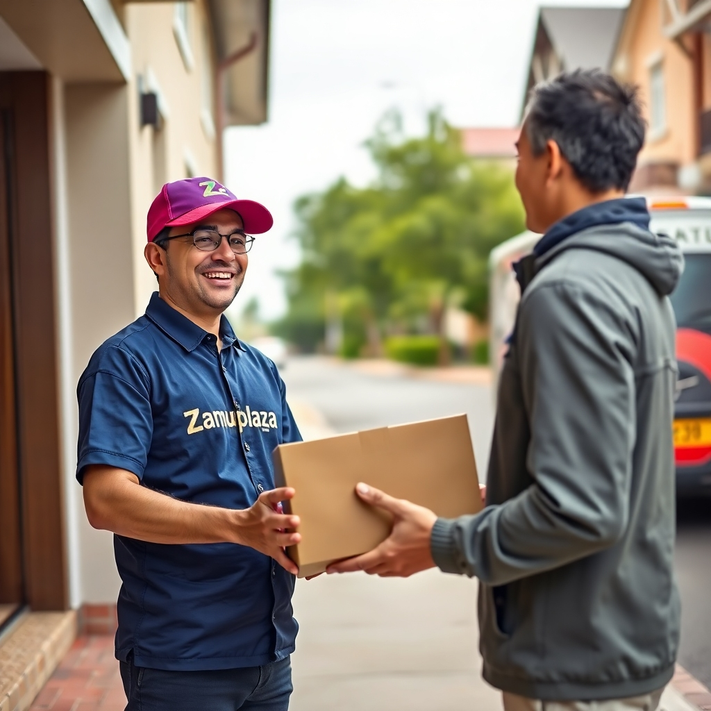 A photorealistic image, 8K resolution, hyperrealistic.  A delivery person in a Zamuplaza branded uniform smiles as they hand a neatly packaged Zamuplaza box to a customer at the customer's doorstep. Bright, sunny day with soft lighting; slightly overcast to avoid harsh shadows.  Camera angle is slightly low, showing the interaction between the delivery person and the customer.  Color palette is vibrant and cheerful, including Zamuplaza's brand colors. Textures are realistic: the smooth surface of the packaging box, the fabric of the uniform, and the happy expression on both faces.  Background is a suburban street with friendly and welcoming architecture.   Props include a Zamuplaza branded delivery vehicle visible in the background, subtly blurred. The overall mood is positive, conveying speed, efficiency, and reliability.  In the style of a heartwarming commercial emphasizing customer satisfaction.  The image should feel inviting, authentic and trustworthy.