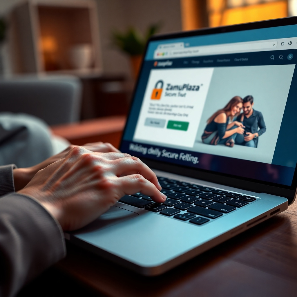 A photorealistic image, 8K resolution, ultra-detailed.  A close-up shot of a person's hands confidently typing on a laptop, making an online purchase from Zamuplaza's website.  The laptop screen displays a Zamuplaza product page with a padlock icon showing secure transaction, and a cheerful, reassuring confirmation message. Soft, warm lighting.  Camera angle is from slightly above and at a slight downward angle, focusing on the hands and the laptop screen.  Color palette is calm and reassuring, using shades of blue and green.  Textures are realistic: smooth laptop keys, subtle reflections on the screen.  Background is blurred but shows a suggestion of a comfortable home office. The mood is peaceful and secure, reflecting trust and reliability.  In the style of a product shot emphasizing security and trust. The image should exude confidence and reliability.