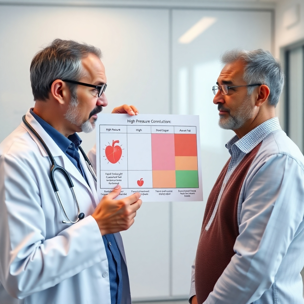 A photorealistic image depicting a doctor explaining a chart showing the interconnectedness of high blood pressure, high blood sugar, excess abdominal fat, and abnormal cholesterol levels, to a concerned patient. The background should be a modern, clean doctor's office. The image should focus on the explanatory chart and the patient's concerned expression.