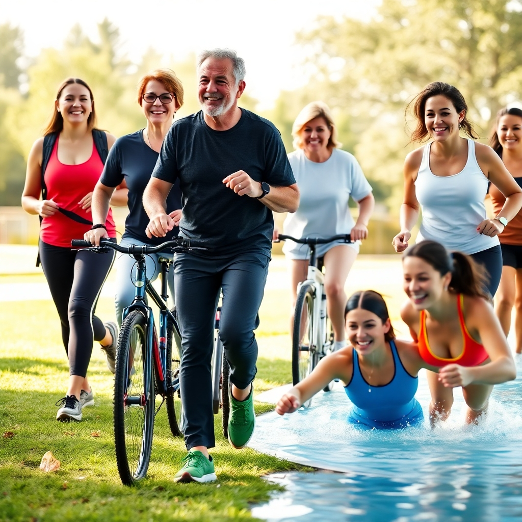 A photorealistic image depicting a diverse group of people of different ages and body types engaging in various enjoyable physical activities, such as brisk walking in a park, cycling outdoors, swimming in a pool, and participating in a group fitness class. The image should emphasize a feeling of community and fun, with a bright, natural lighting setting and high resolution. The focus should be on healthy, active individuals enjoying their workout, radiating energy and positivity.