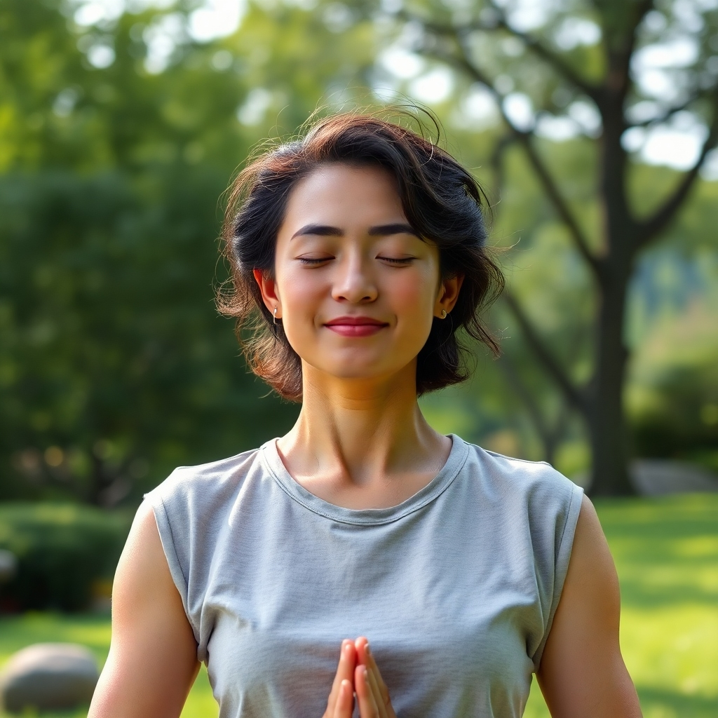 A photorealistic image depicting a serene and peaceful scene showcasing a person practicing mindfulness or yoga outdoors in a natural setting, such as a lush green park or a tranquil garden. The image should portray a sense of calm and relaxation, with soft, natural lighting. The individual should have a peaceful expression, demonstrating a feeling of inner peace and connection with nature. The background should be uncluttered and visually appealing, complementing the mood of serenity and well-being.