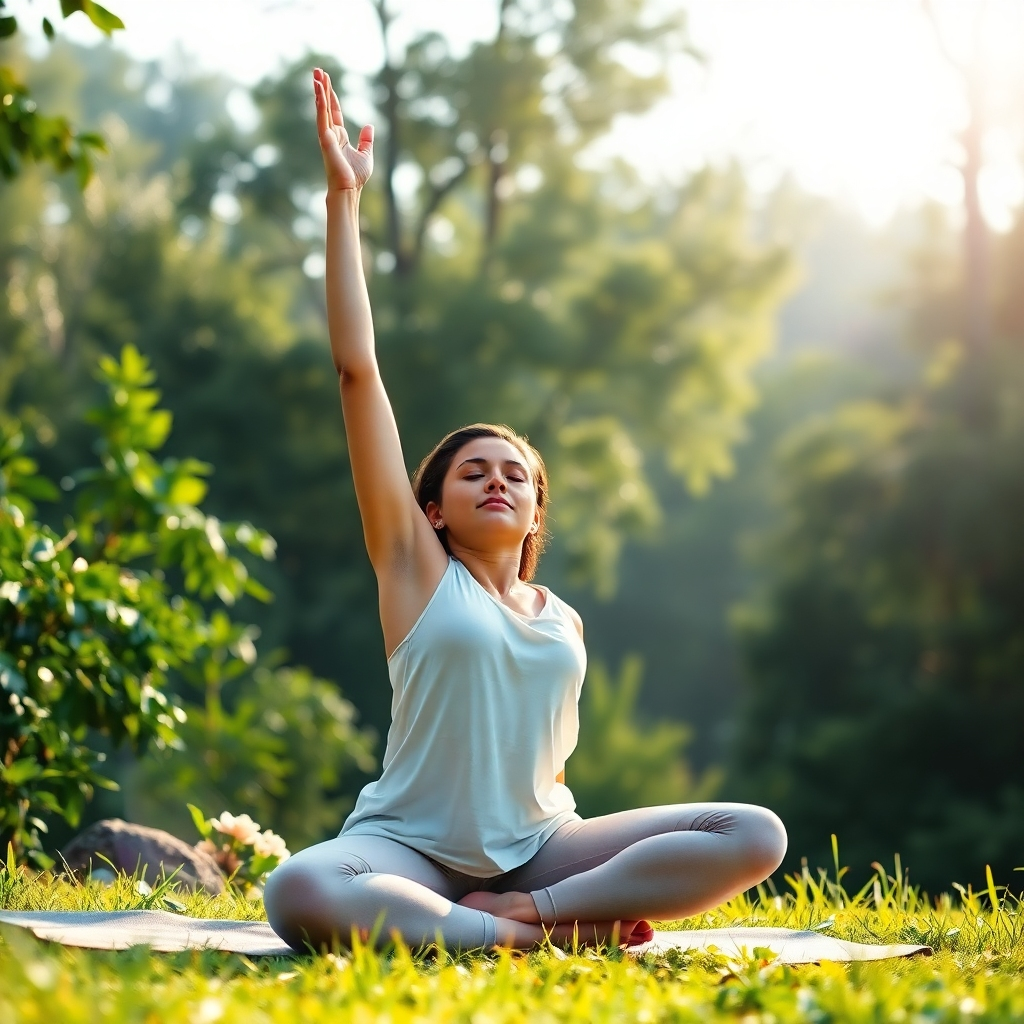A photorealistic image depicting a person practicing yoga in a serene natural setting. The person should look calm and relaxed, surrounded by lush greenery and natural light. The image should convey a sense of peace, tranquility, and physical well-being.