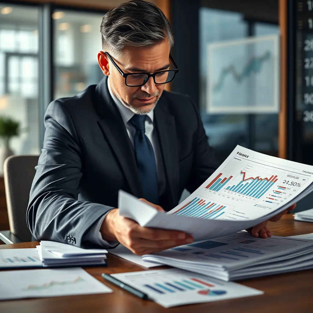 A photorealistic image depicting a business executive reviewing a stack of financial reports with graphs and charts, highlighting key metrics like revenue, expenses, and profitability. The image should convey a sense of professionalism and analysis.