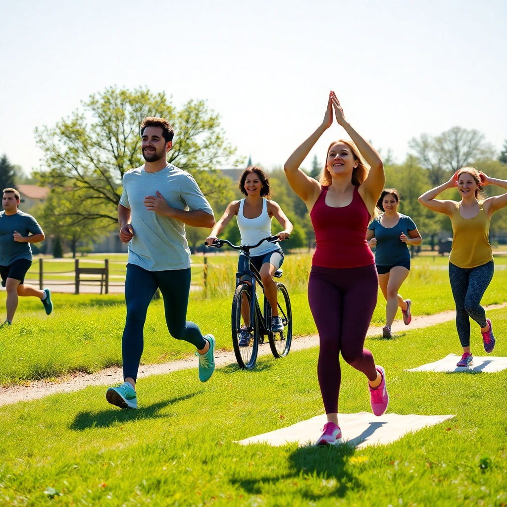 A photorealistic image depicting a diverse group of people of different ages and body types engaging in various physical activities outdoors: jogging in a park, cycling along a scenic path, practicing yoga on a grassy field, and performing bodyweight exercises. The image should be bright, sunny, and convey a sense of enjoyment and community.