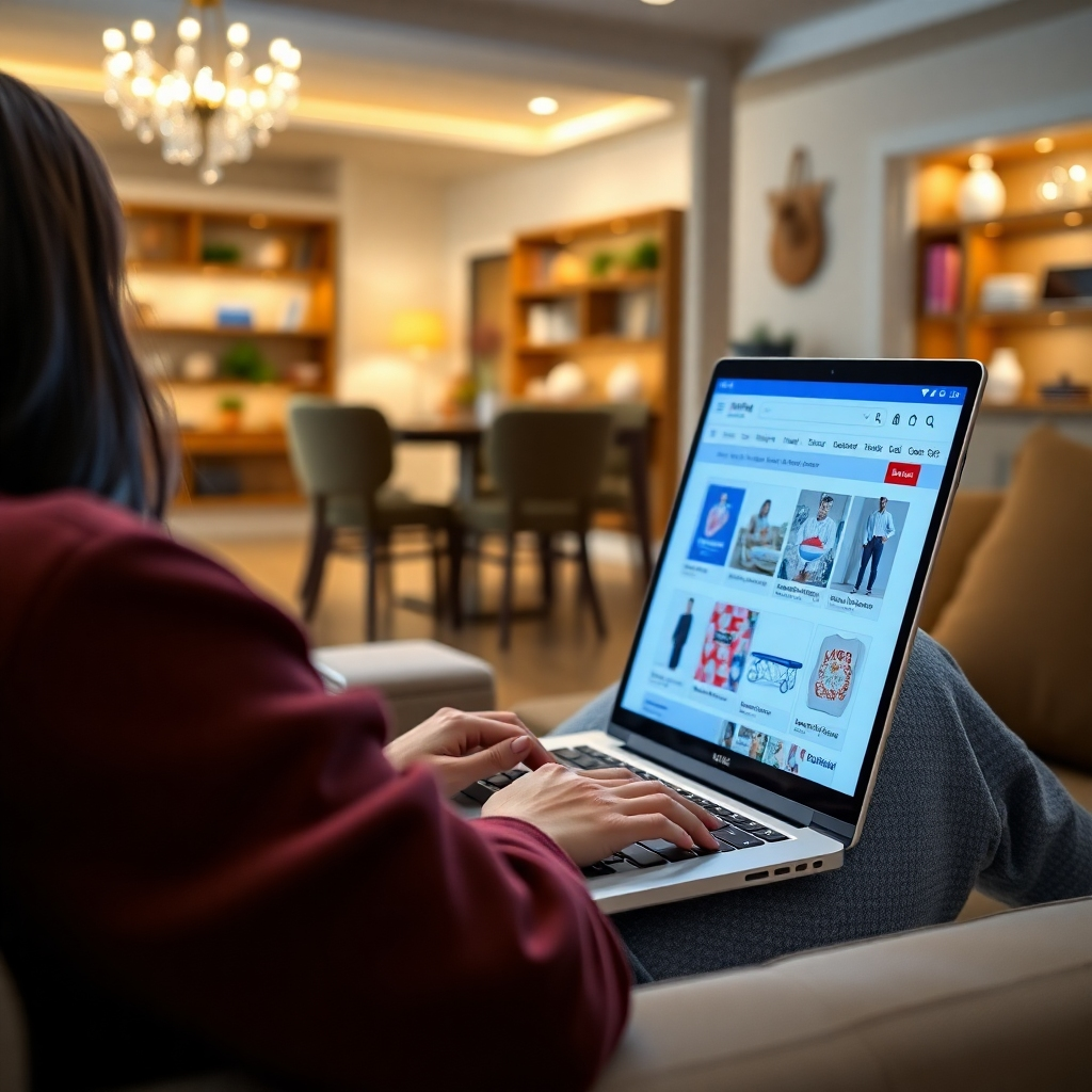 A photorealistic image depicting a person comfortably shopping online from their couch using a laptop. The laptop screen should showcase the online mall's homepage with different product categories clearly visible. The background should be a cozy living room setting. The image should convey ease, comfort, and convenience of online shopping.